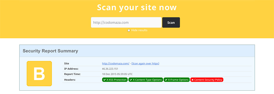Проверка установки HTTP заголовков безопасности на securityheaders.io для CodoMaza.com